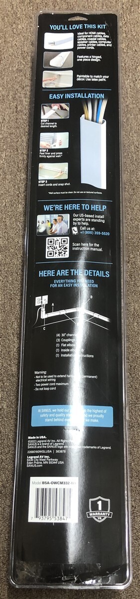 Sanus On-Wall Cable Concealer High Capacity Cord Cover Kit for Mounted TVs