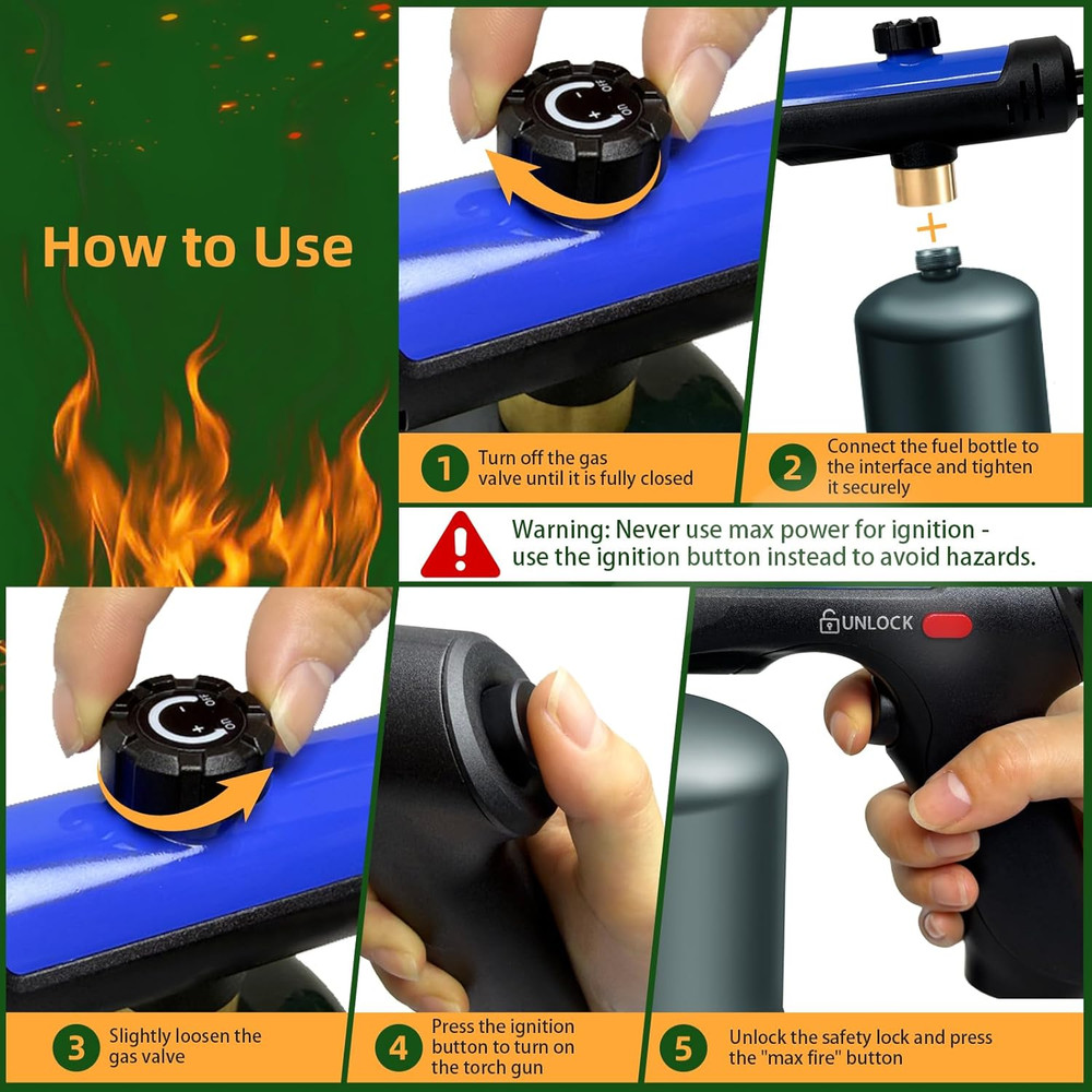 Powerful Propane Torch with One-Touch Max Fire, Adjustable Kitchen Torch with Sa