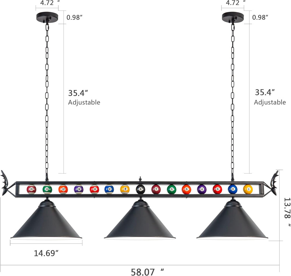 Pool Table Light, 58" Billiard Light for 7' 8' 9' Pool Table, Hanging Billiards