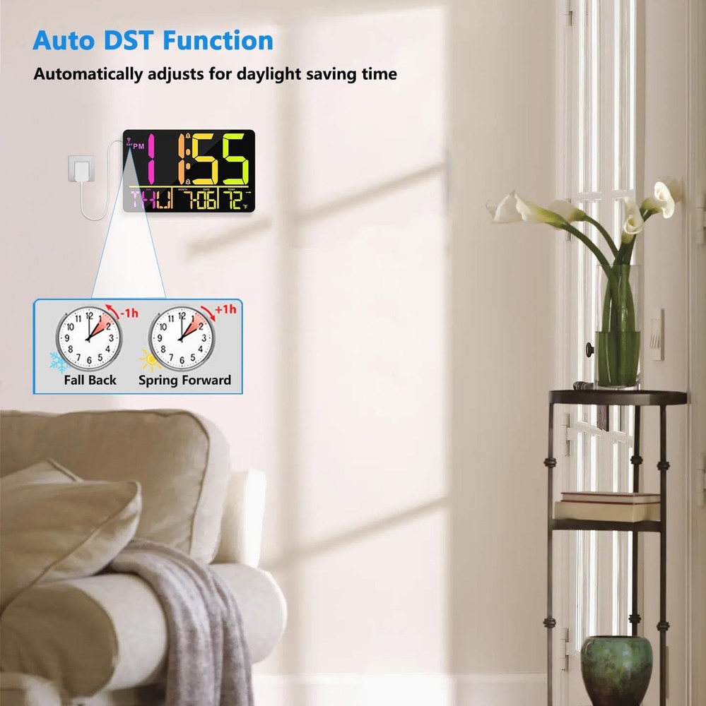 13" Bluetooth Auto Sync Wall Clock- Large Digital Alarm Clock with Remote, RG...
