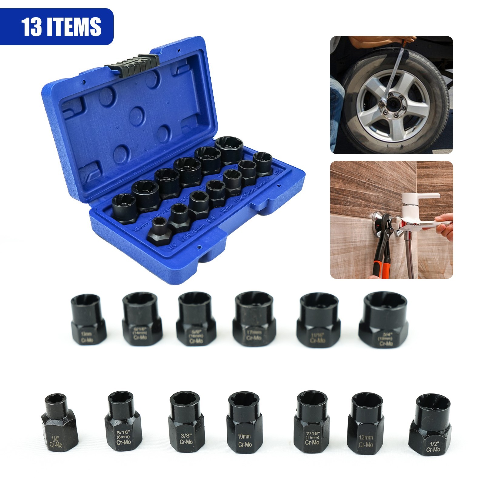 13PCS Bolt Extractor Socket Set Twist Deep Impact Nut Remover Cr-Mo Damaged Bolt