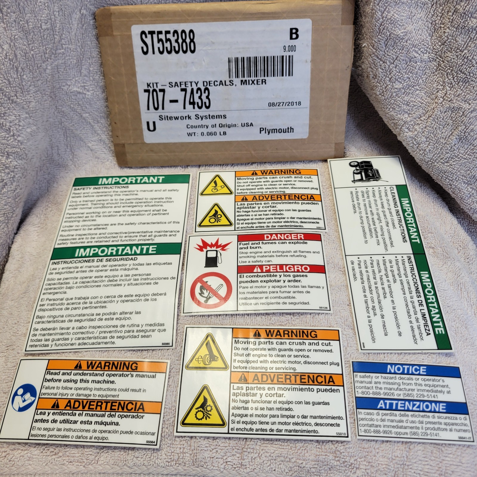 Toro / Stone ST55388 Safety Decals Sticker Kit for Stone Concrete Mixer NOS