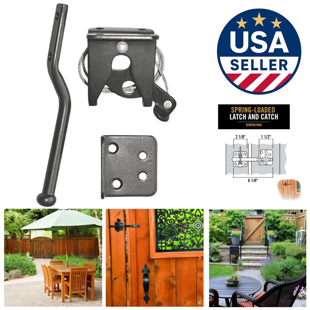 All-Weather Spring-Loaded Gate Latch with Adjustable Cable, Black Finish