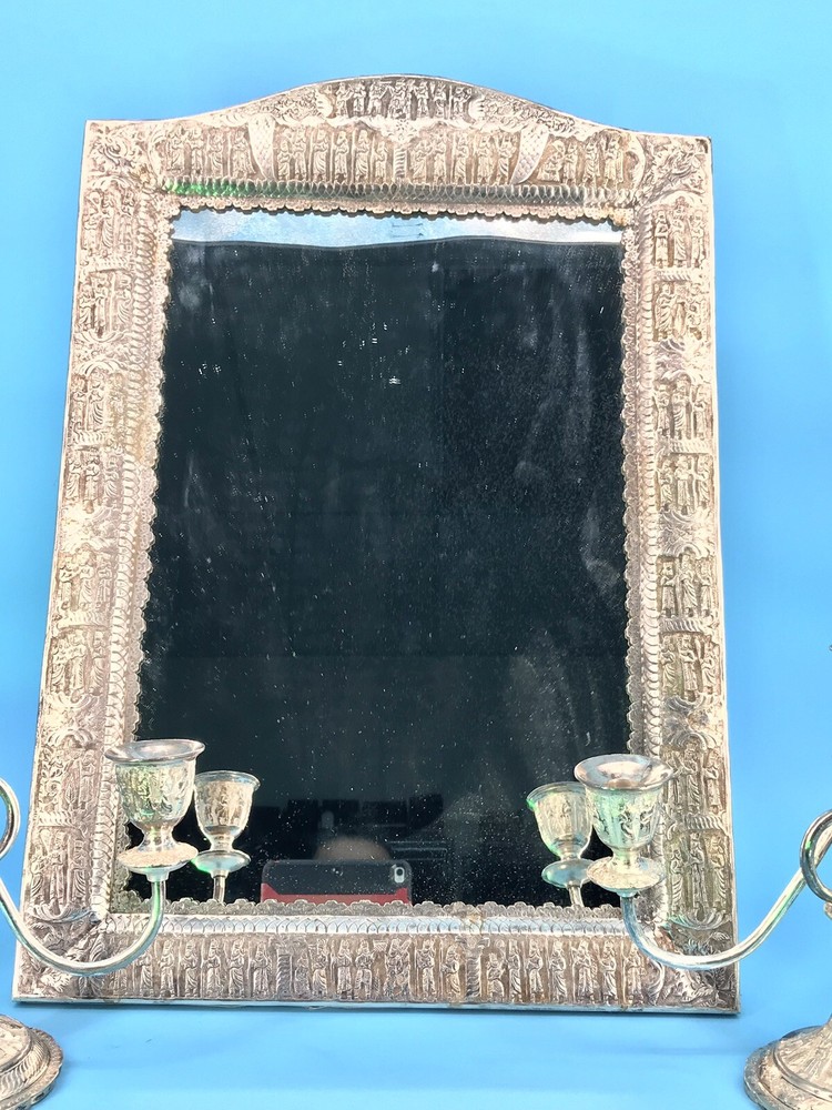 Middle Eastern,carved set Candlestick & Sheet Mirror 84 SOLID Silver 2800 grams