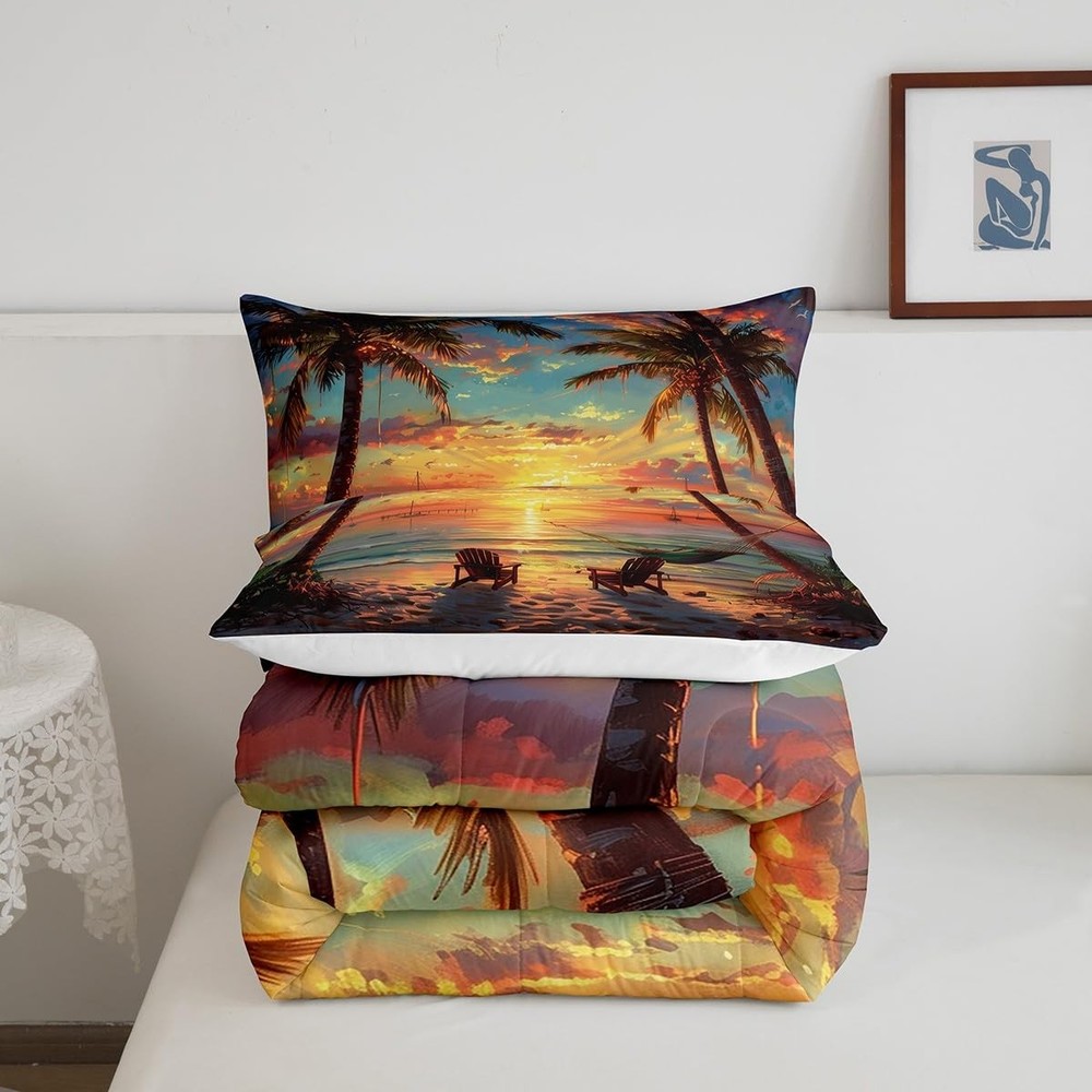Tropical Sunset Palm Tree Bedding Comforter Sets Queen,Ocean Queen, Orange