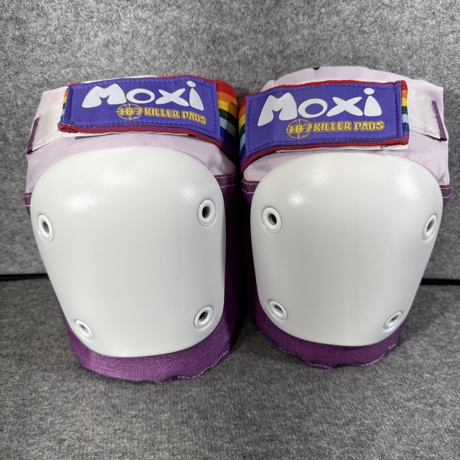 187 Moxi Killer Pads Pink White Rainbow Strap Adult Knee Pads Safety Size S/M