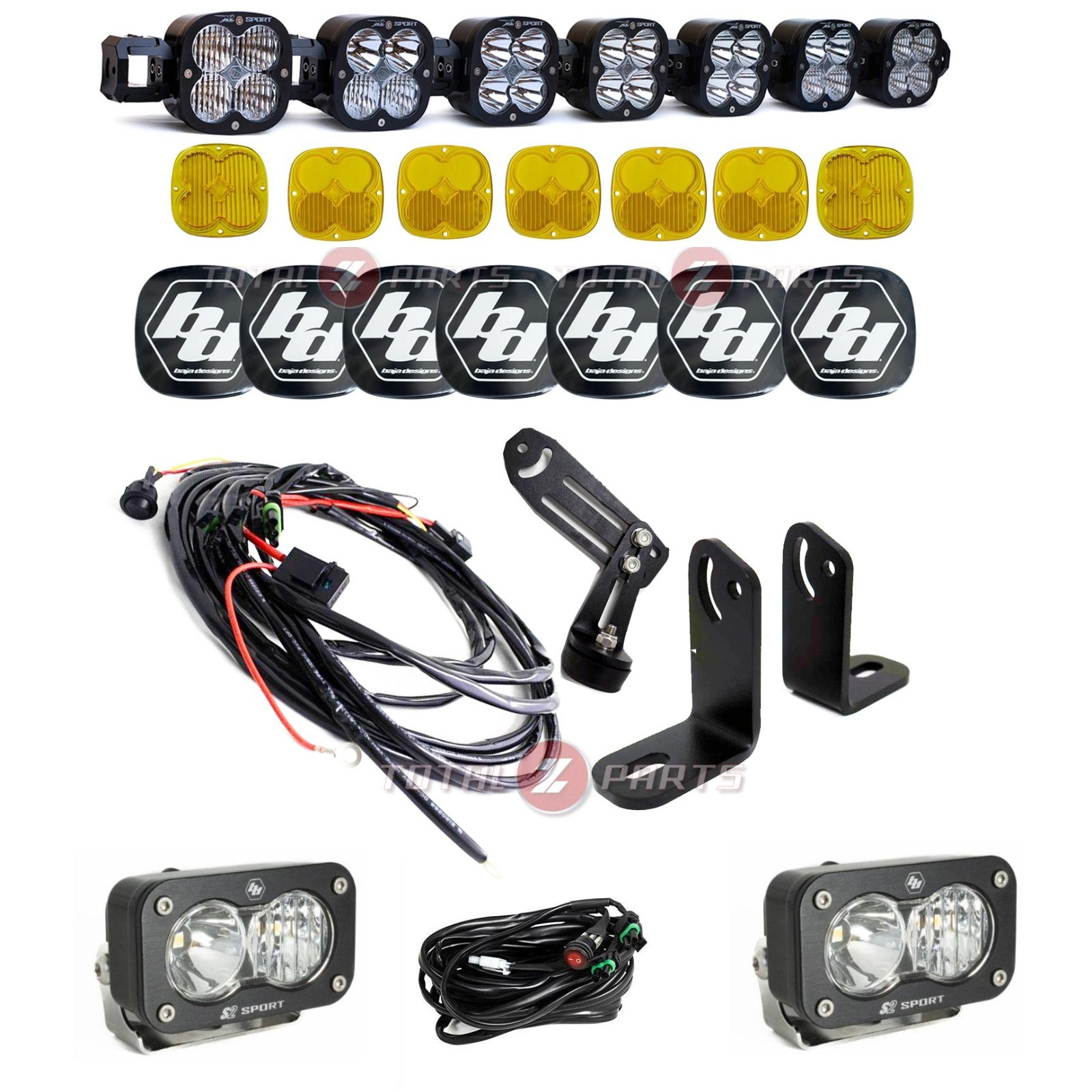 Baja Designs 7 XL Linkable Bar, Amber Lenses, Brackets, Wiring + S2 Sport Pair