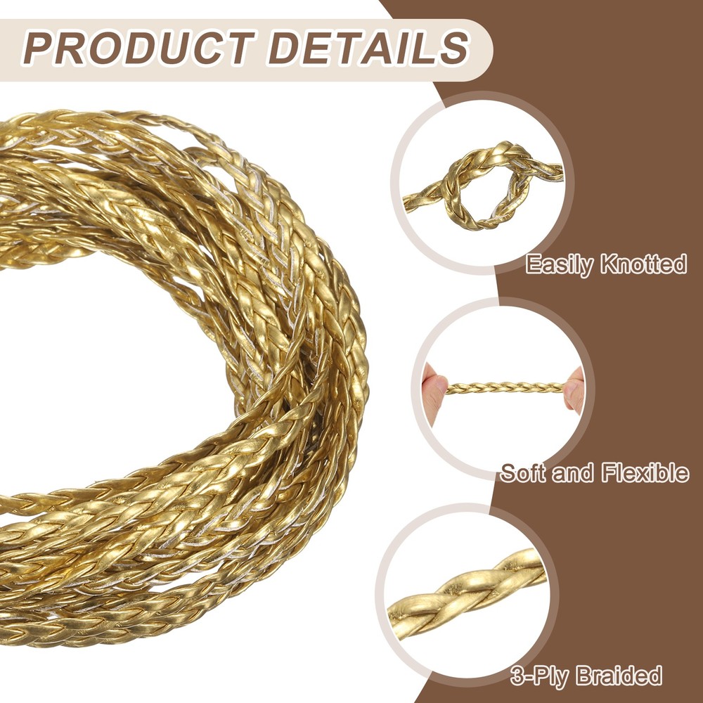Braided Leather Cord, 5.5 Yards 5mm Flat Craft Leather String, Gold