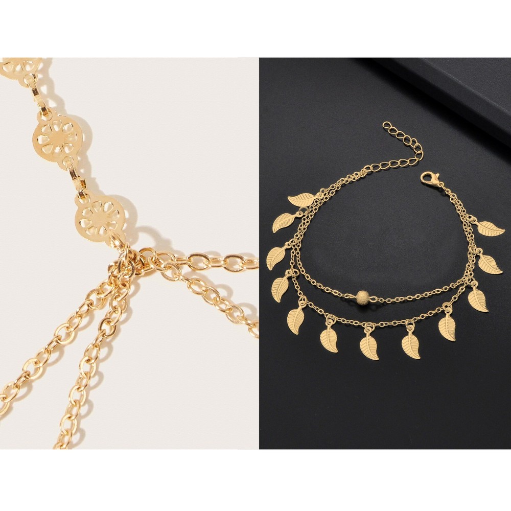 Layered Crossover Bikini Body Chain and Leaf Charm Double layer Anklet
