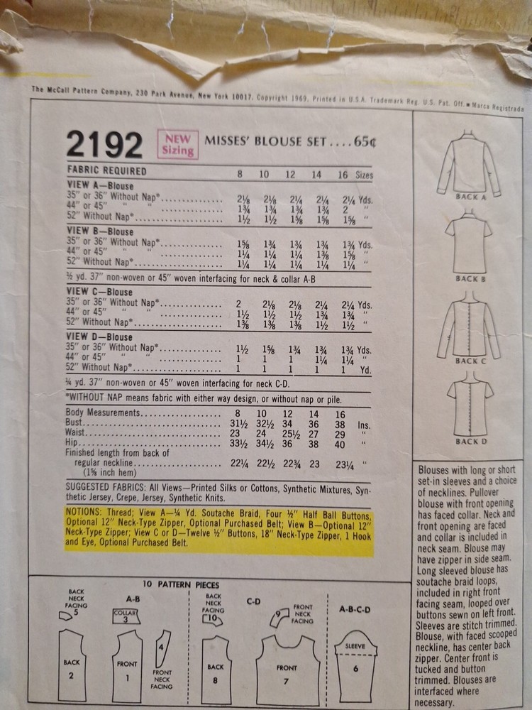 Blouse Top 14 McCalls 2192 Sewing Pattern VTG Cut Scoop Collared Button Easy
