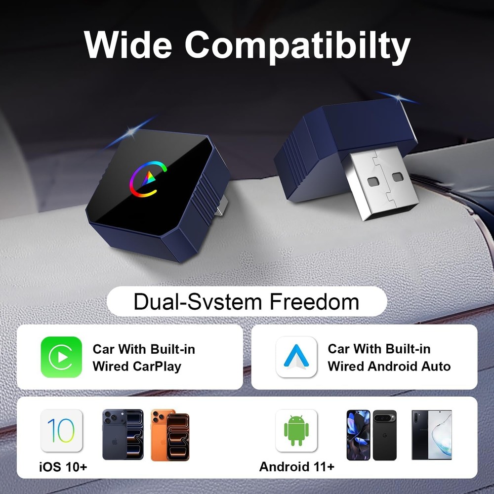 2026 Wireless CarPlay & Android Auto Adapter | Plug & Play, Wired to Wireless