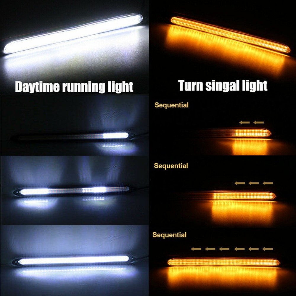 LED DRL Headlight Strip Turn Light Sequential Lamp Flow Signal Amber White 9.3"