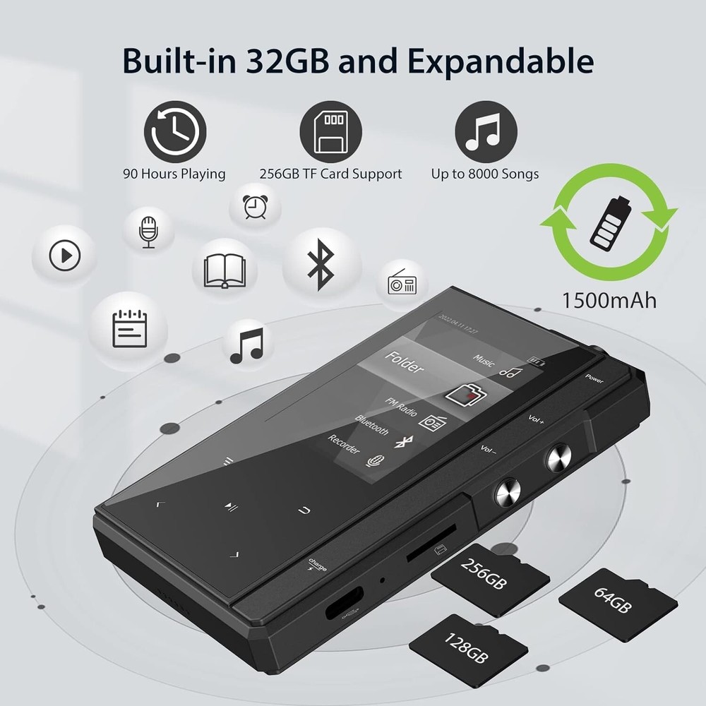 Stylish 32GB MP3 Player with Bluetooth & Touchscreen - Music & E-Book Reader