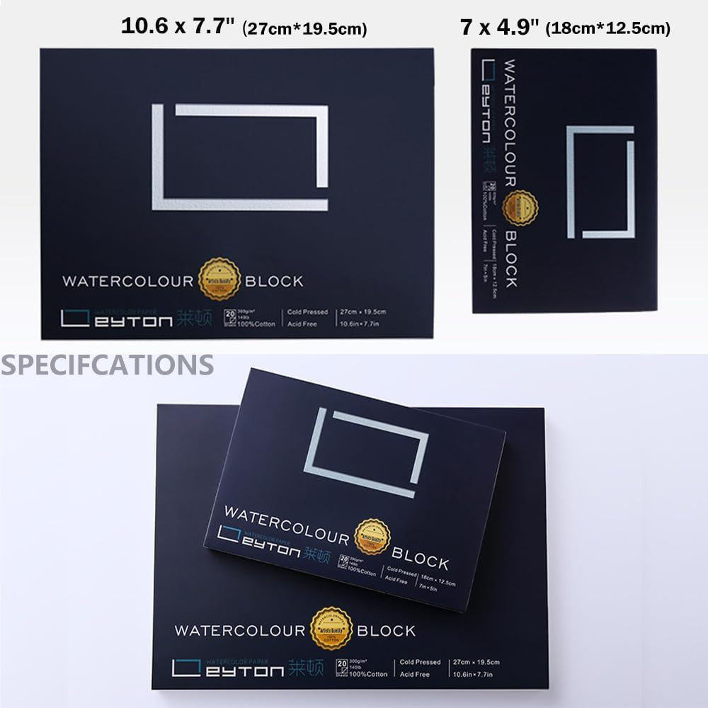 Non-Warping 100% Cotton Watercolor Paper Block - 20 Sheets of 160Lb/350Gsm Co...