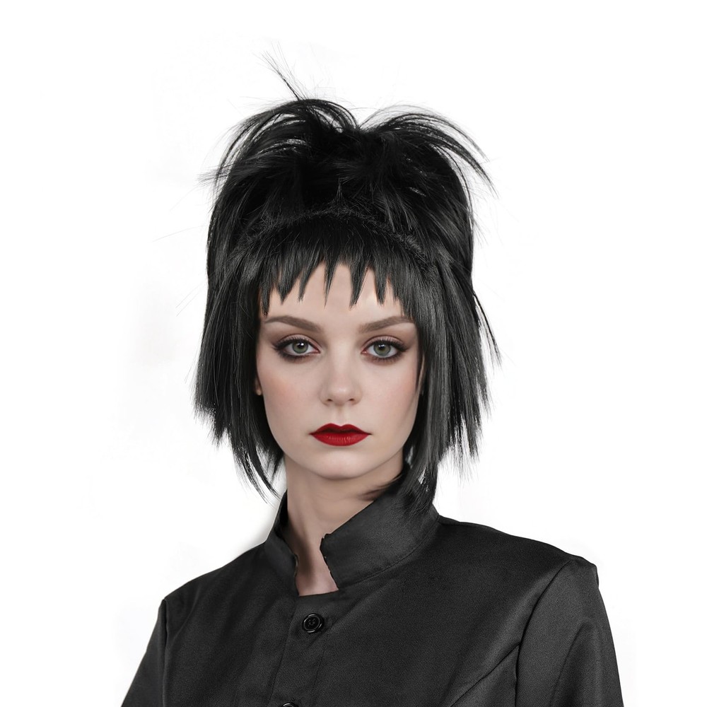 MUPUL Black Wig With Bangs Short Buns Black/Gothic Bride-2