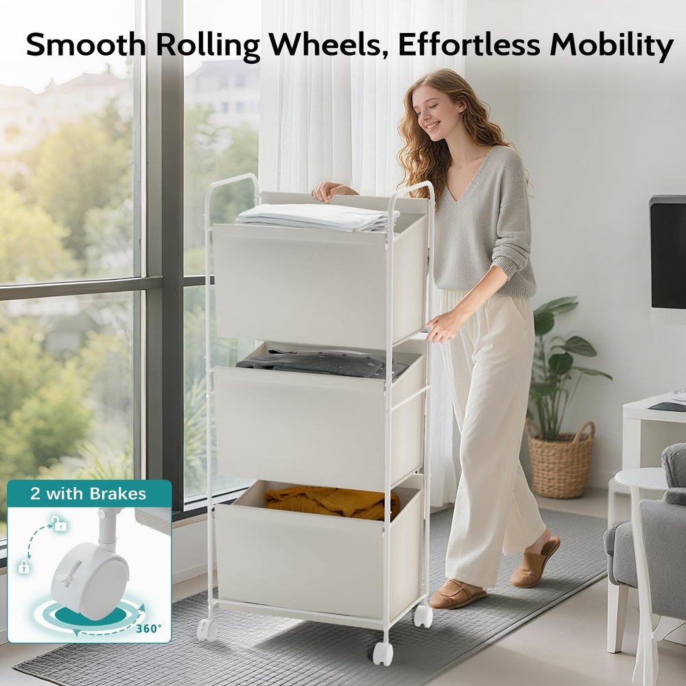 125L Vertical Laundry Hamper with Wheels, 3 Section Large Rolling Laundry Sor...