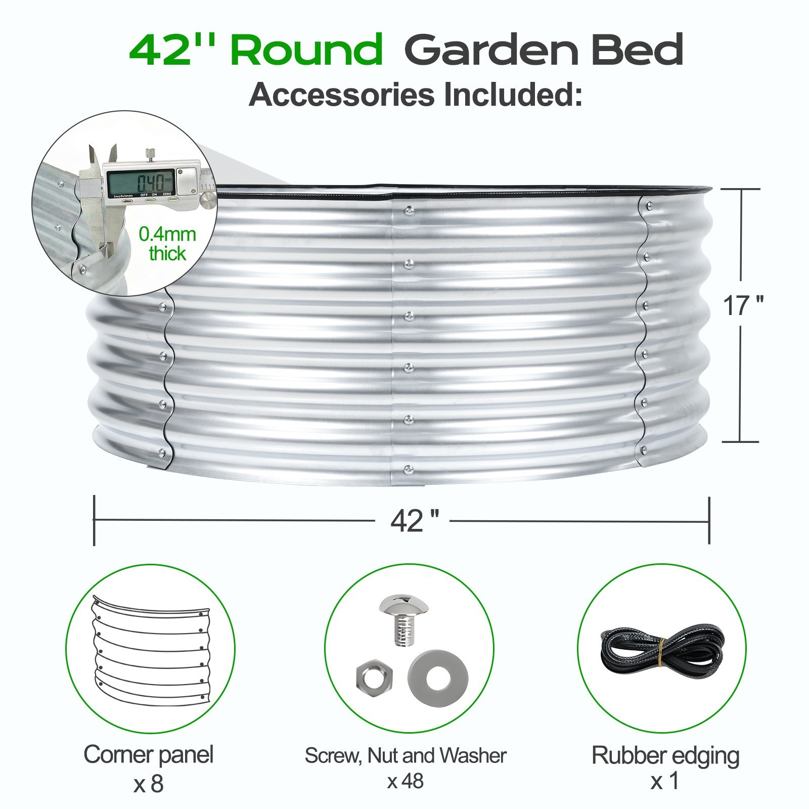Aoodor 17" Tall 42" Round Metal Raised Garden Bed Kit Outdoor Planter Box Silver