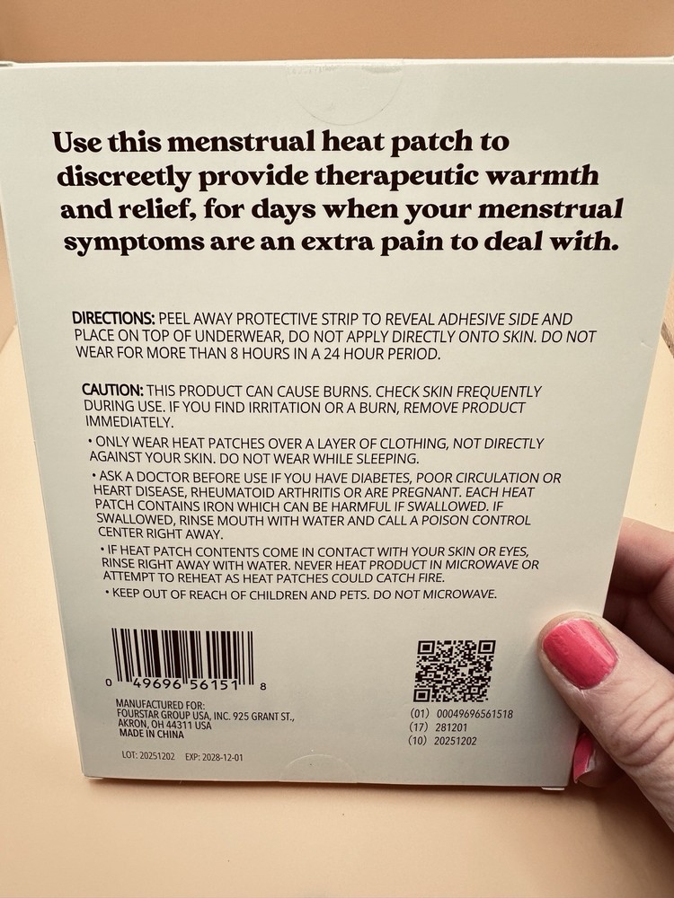 Menstrual Heat Patch Discreet Therapy Cramp Relief Odorless 1 Patch New