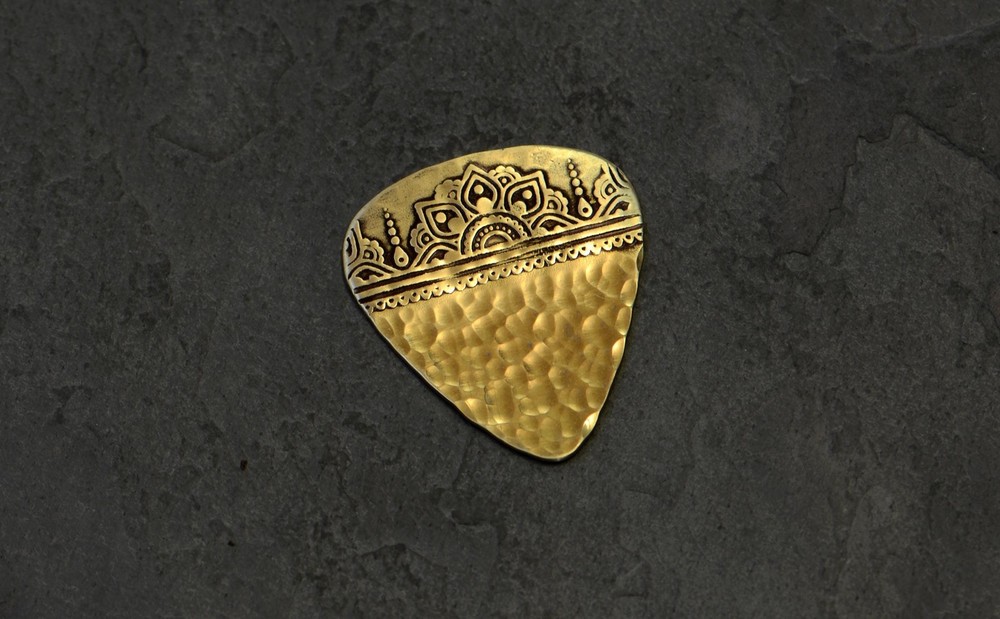 Bronze mandala mendhi guitar pick with sparkling hammered texture - handmade