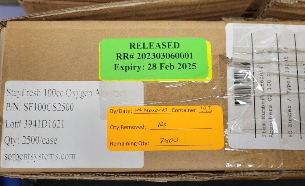 2500 pcs. Stay Fresh 100cc Oxygen Absorber Sorbent Systems 1 case, SF100CS2500
