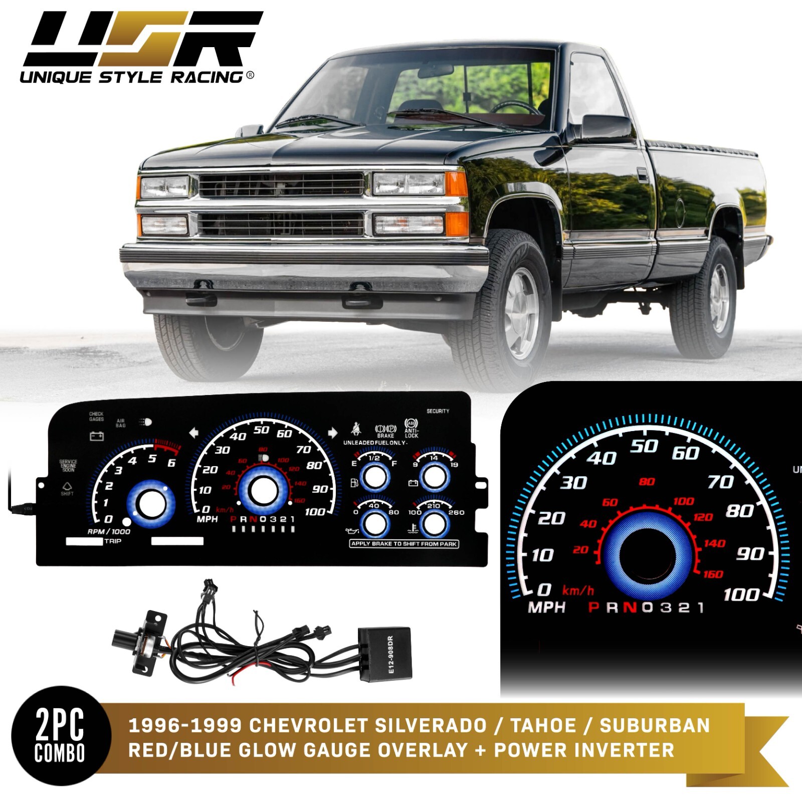 Blue Glow Gauge Black Overlay For 96-99 Chevy CK Truck Suburban Tahoe Cluster