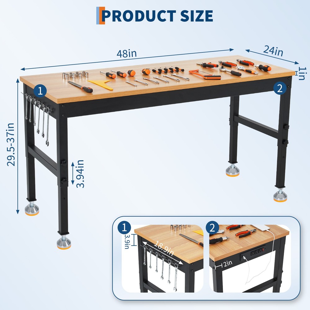 48 Inch Adjustable Workbench Rubberwood Tabletop Work Bench Built-in Power Strip