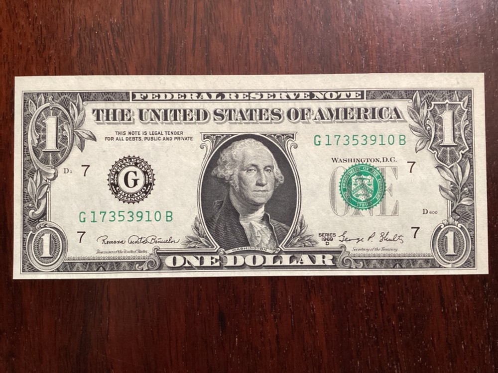 Series 1969 D - $1 One US Dollar note ERROR Mis-cut - Misaligned