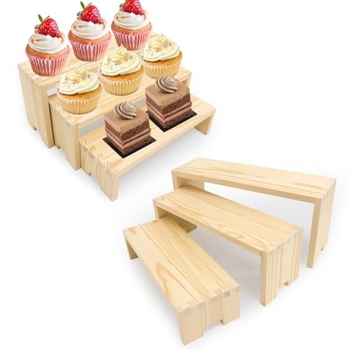 Wood Display Risers Set - 6 Pack 3-Tier Rectangular Stands for Cupcakes, Jewelry