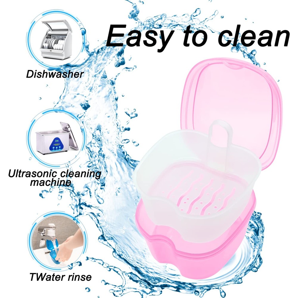 Denture Bath Case Soaking Cup with Brush, Holder Light Pink