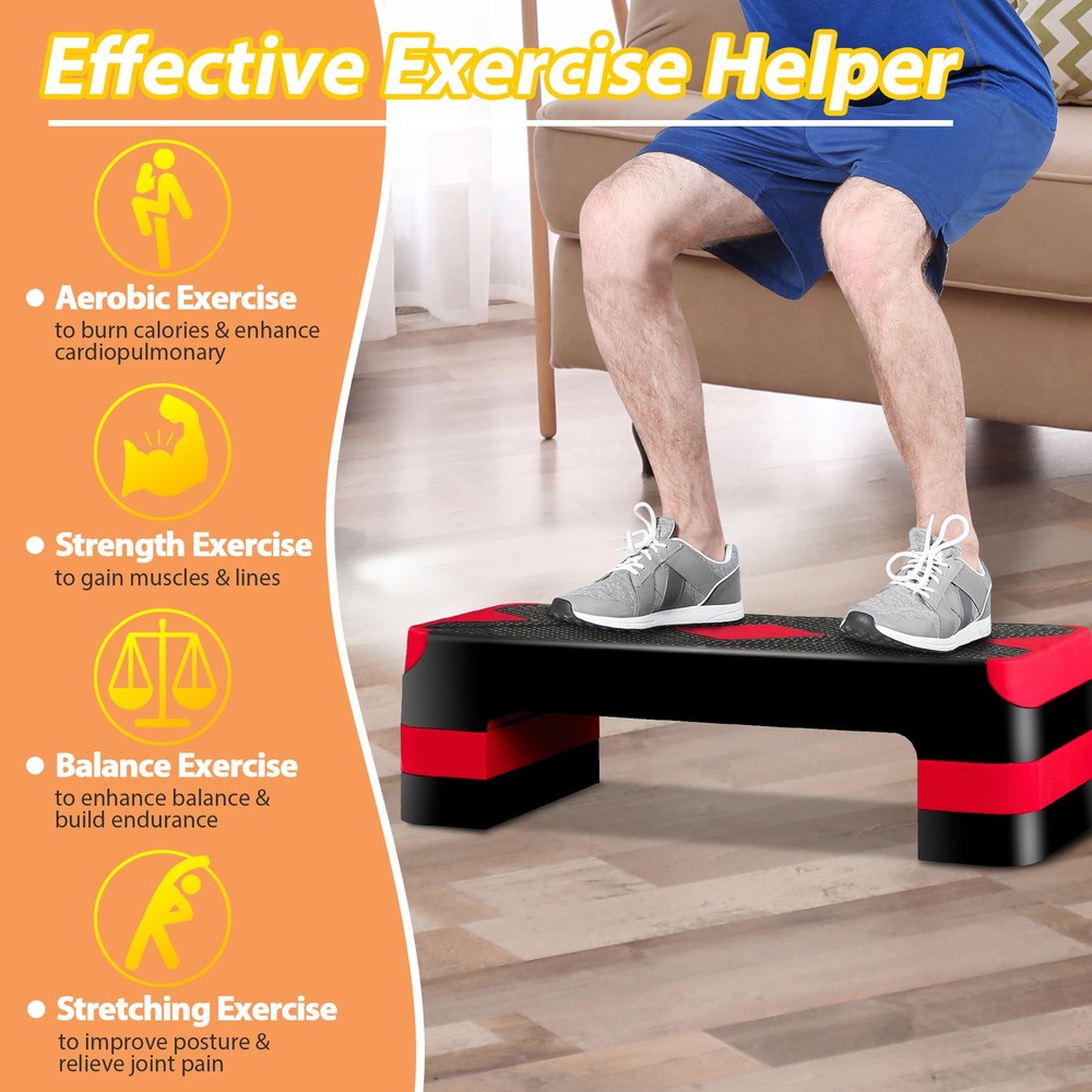 27" Aerobic Exercise Step Workout Step w/ 4" 6" 8" Adjustable Height Risers Red