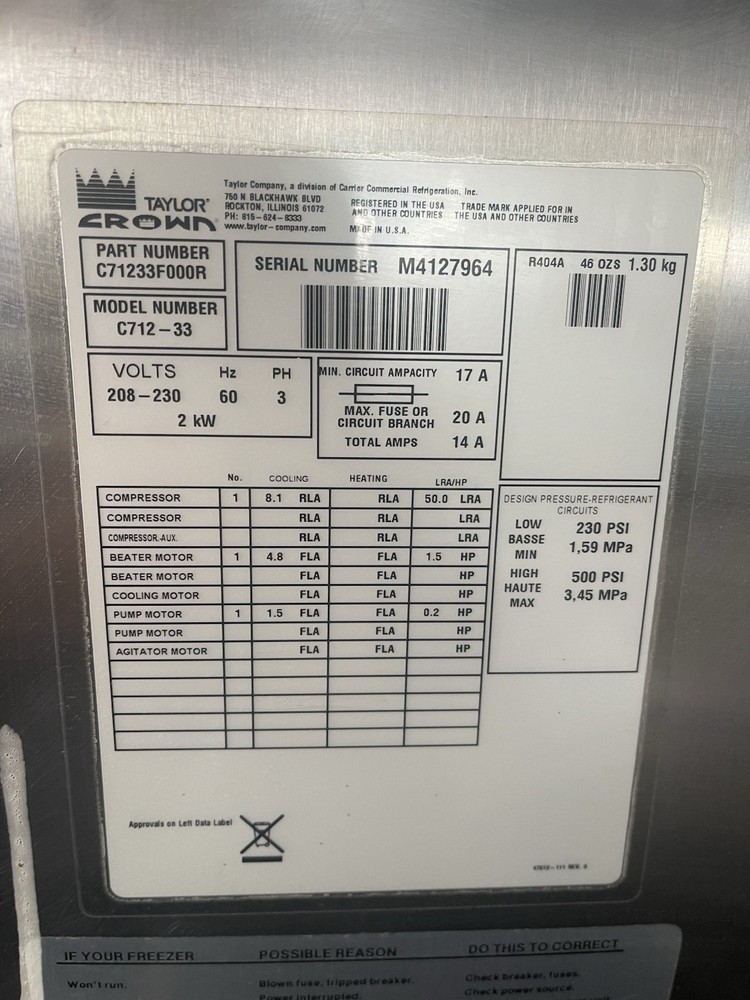 Taylor Soft Serve Machine C712 & C713
