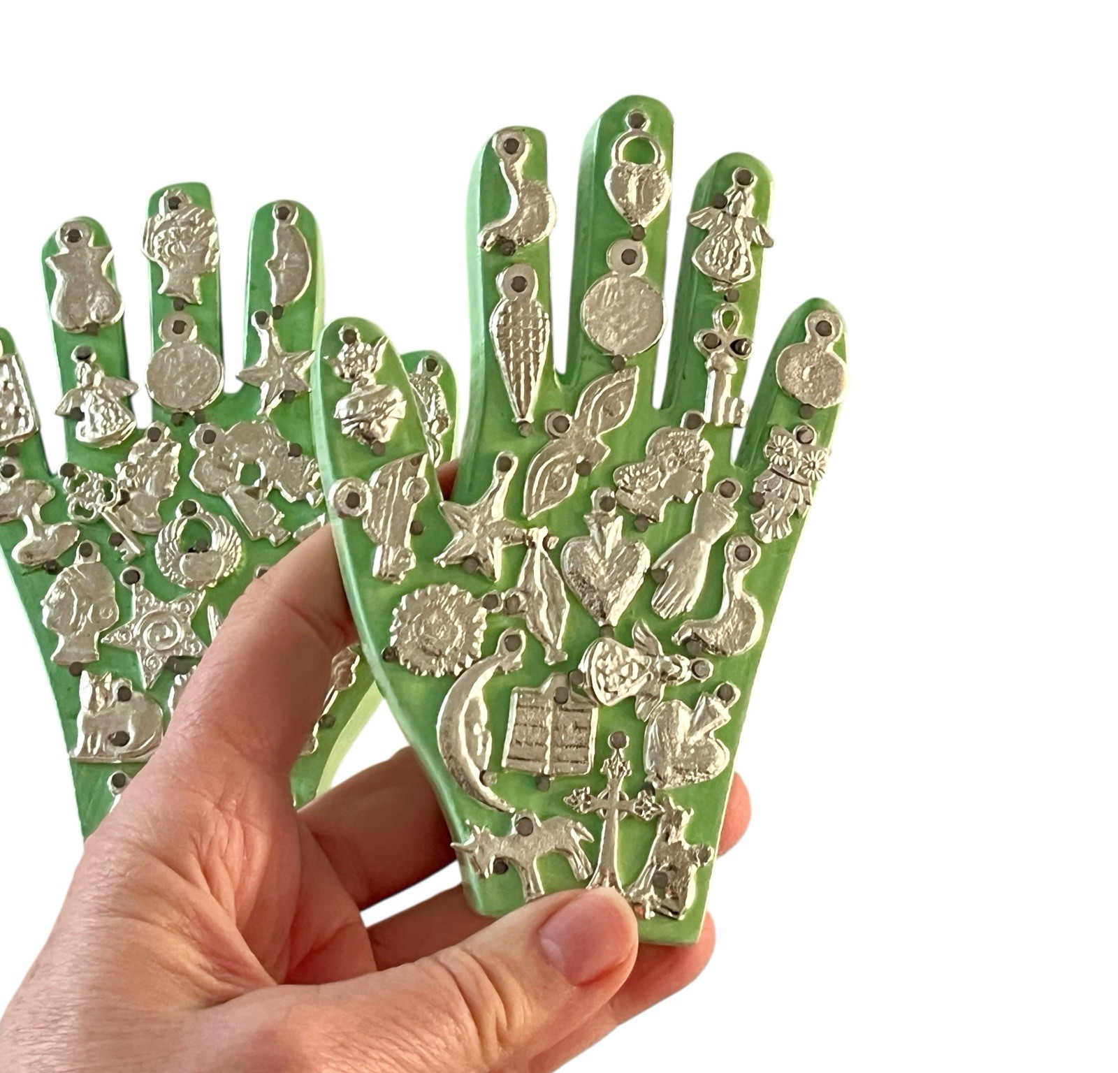 PAIR Mexican MILAGROS HANDS, Set (2) Small Hands With Charms, ExVotos GREEN