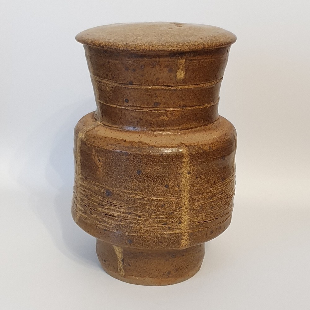 Vintage MCM Earthenware Covered Jar Ash Glaze Threaded 6.5"H Signed