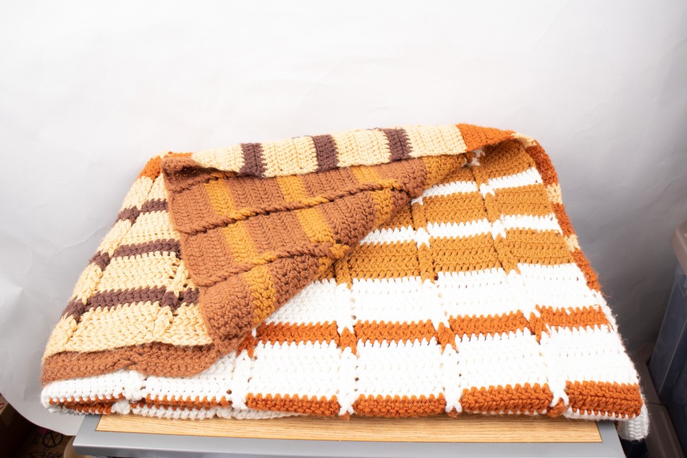 Afghan Throw White Tan Brown Rust 75" X 48"