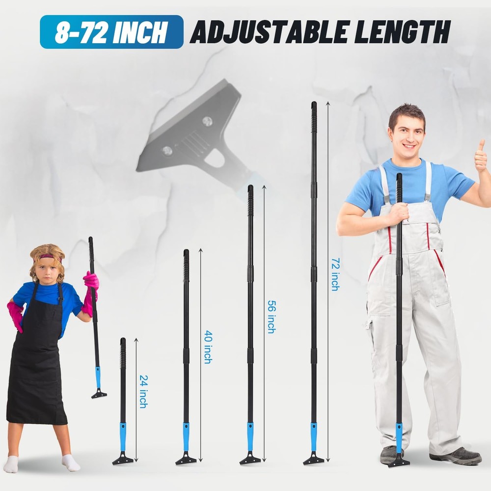 Floor Scraper Heavy Duty, Adjustable 8"-72" Long Handle Razor Blade Scraper T...