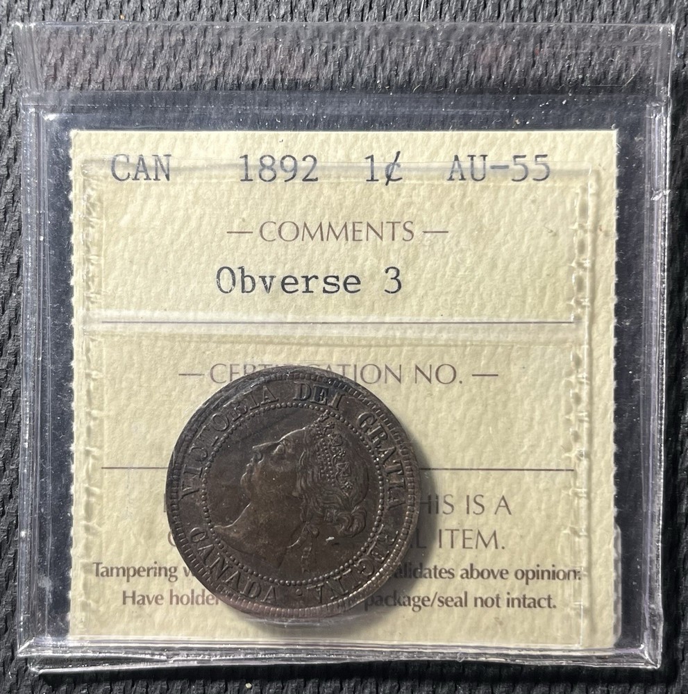 ICCS AU55 1892 Canada Large Cent