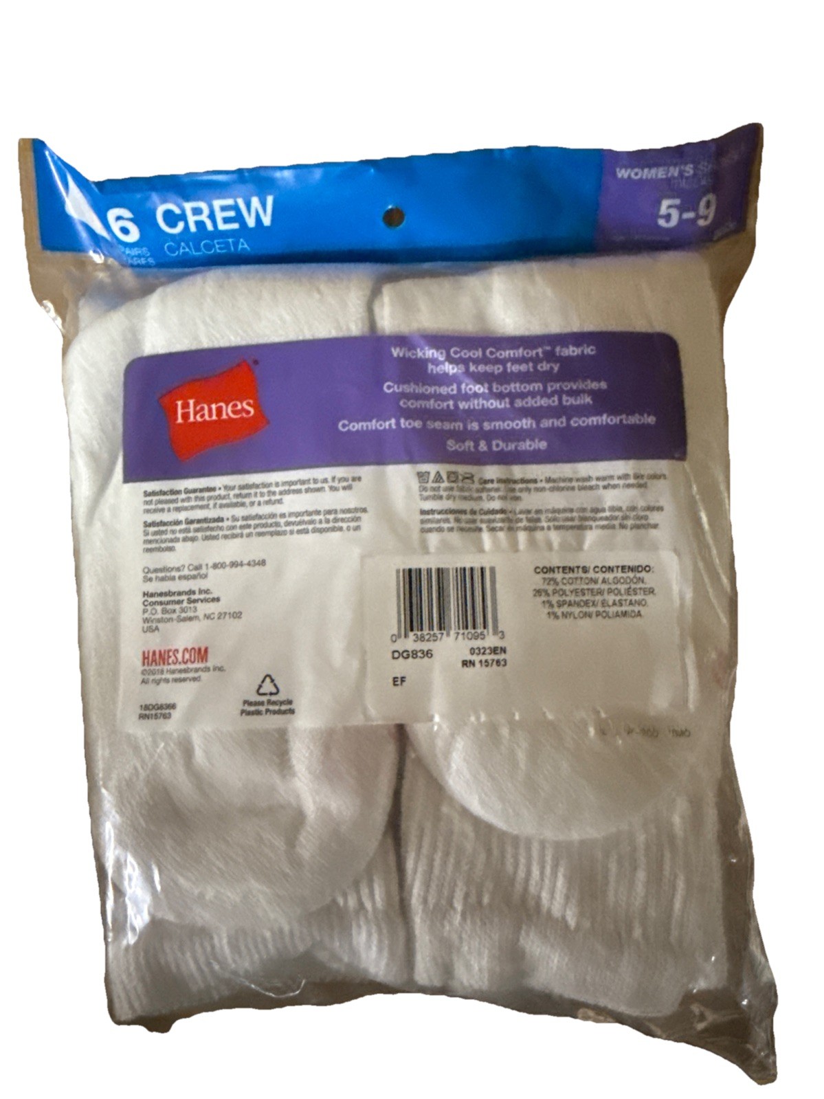 HANES WOMEN'S CREW SOCKS WHITE 6 PACK SHOE SIZE 5-9 - 2 Pack