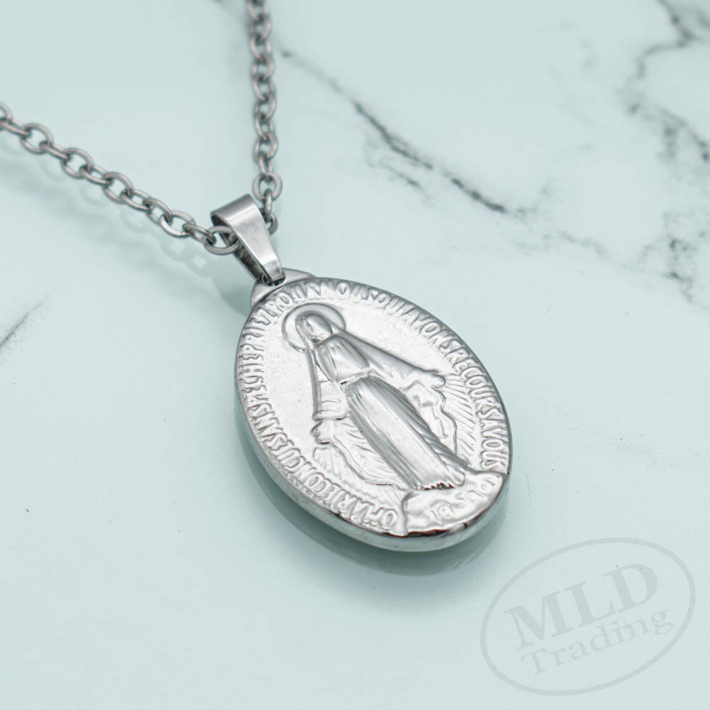 Miraculous Medal Necklace – Stainless Steel Virgin Mary Pendant – 18”+2” Chain
