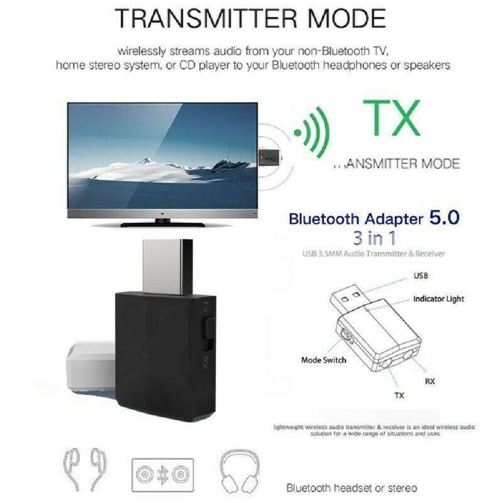 3 in 1 USB Bluetooth 5.0 Audio Transmitter/Receiver Adapter For TV PC CAR #37