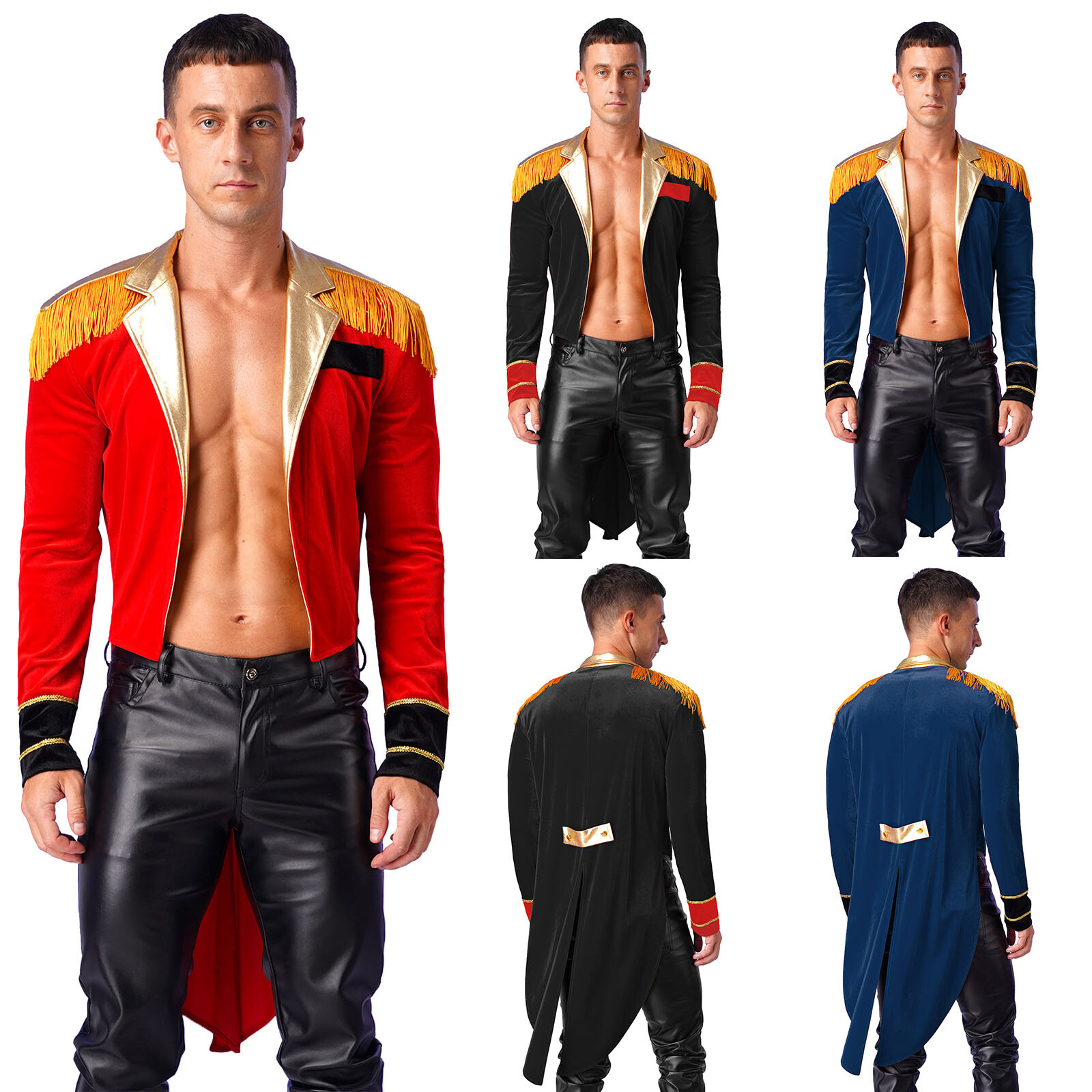 US YiZYiF Men Velvet Tassel Tailcoat Halloween Circus Ringmaster Cosplay Uniform