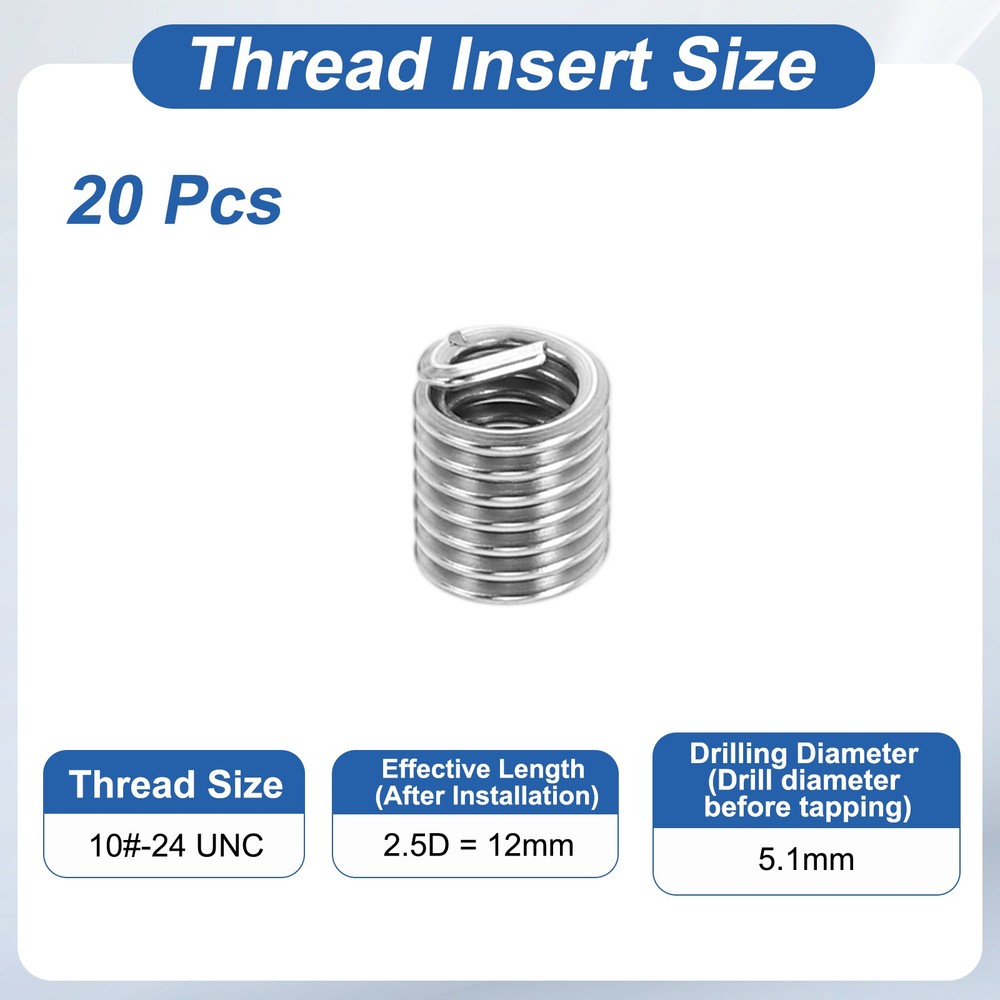 20pcs Wire Thread Inserts 10#-24 UNC 2.5D 12mm Helical Threaded Sleeve