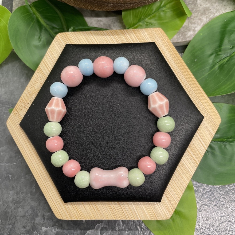 Handmade Ceramic Bead Beaded Stackable 6” Plus Stretch Bracelet New B21