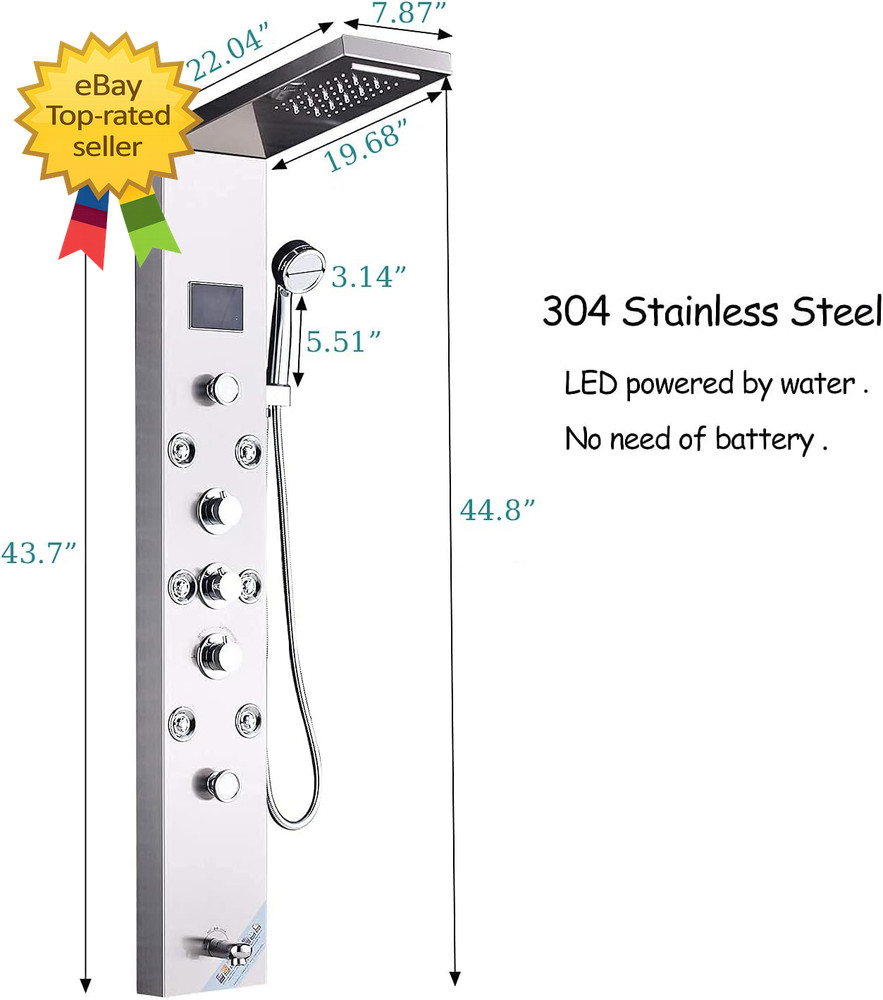 Contemporary Shower Panel Tower System Stainless Steel 6 Function Faucet LED Rai