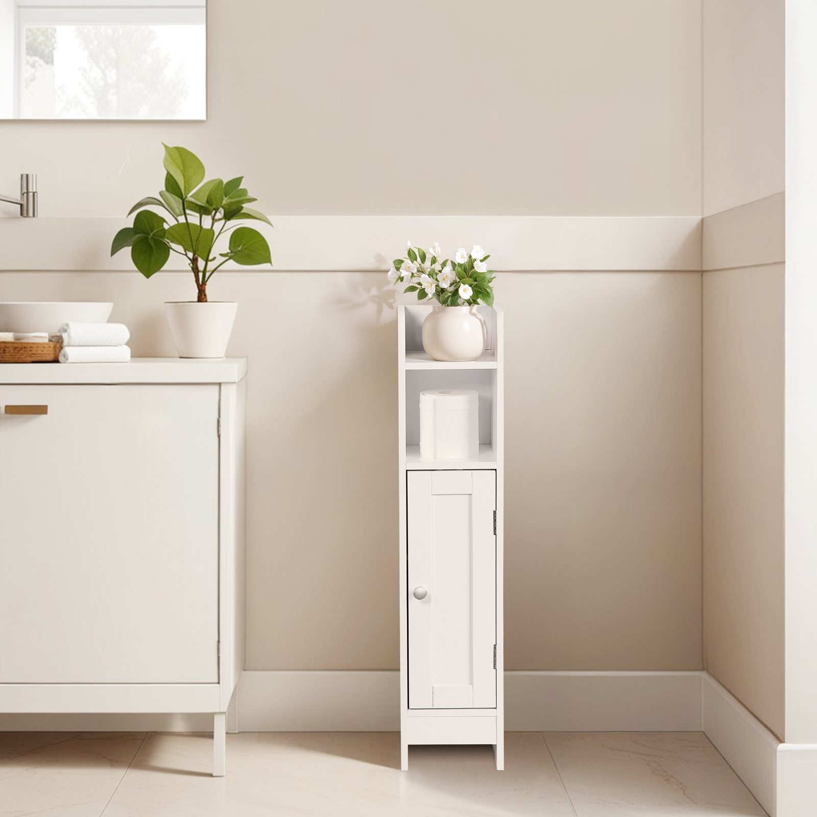 Small Bathroom Storage Cabinet White Floor Standing w/ Door & Shelves Storage