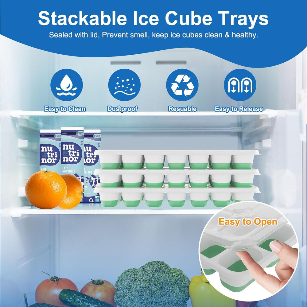 3-Pack Silicone Ice Cube Trays with Lids – Easy-Release, Stackable, BPA-Free for