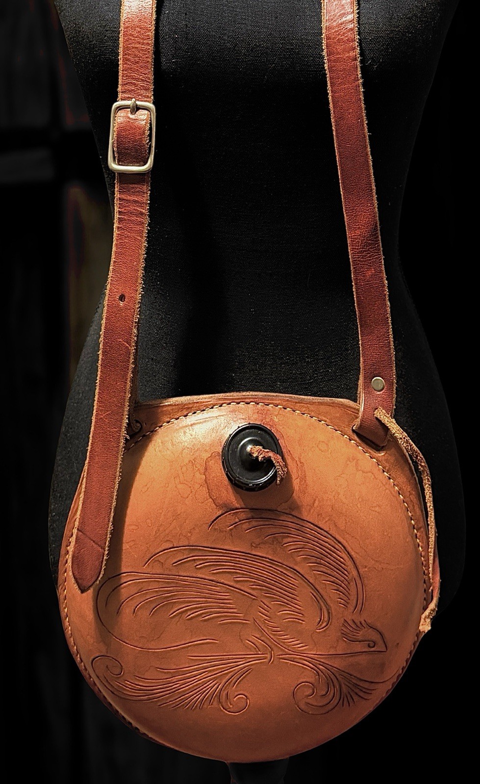 Vintage Hand-Tooled Leather Canteen - Artisan Phoenix Bird Design - 8.5" Round