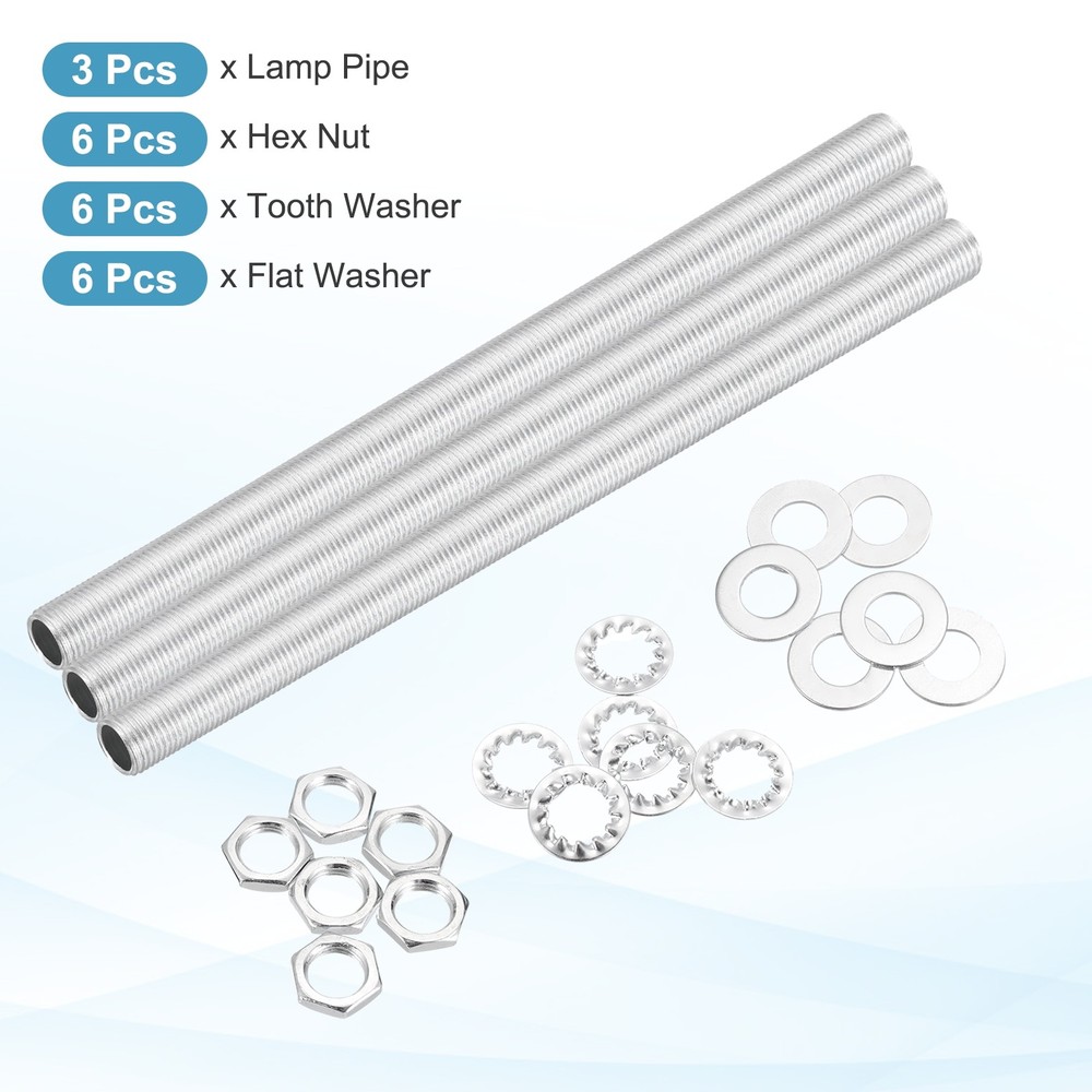 21Pcs 7.9" M10 Lamp Pipe Kit with Lock Nuts Washers for Assembly, Silver