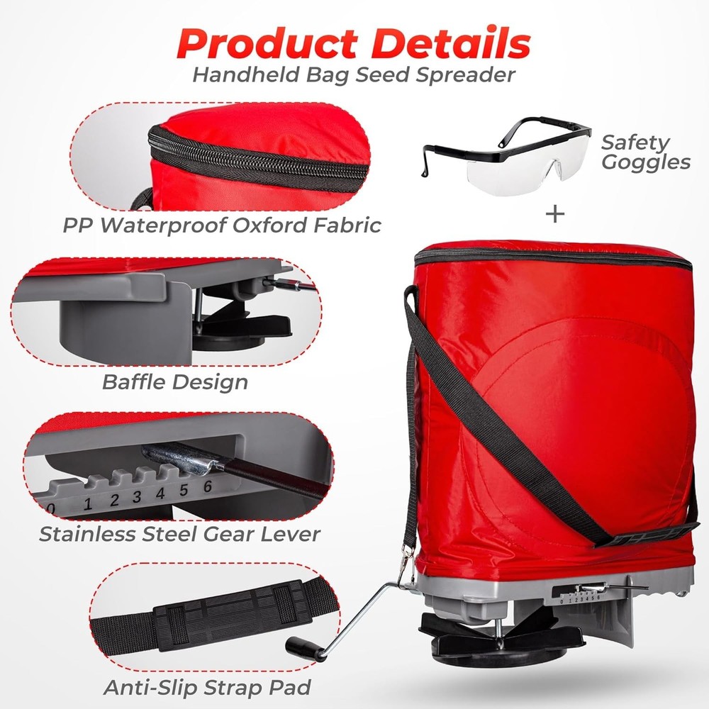Effortless Lawn Care: 25lb Handheld Seed Spreader with Flow Control & Goggles