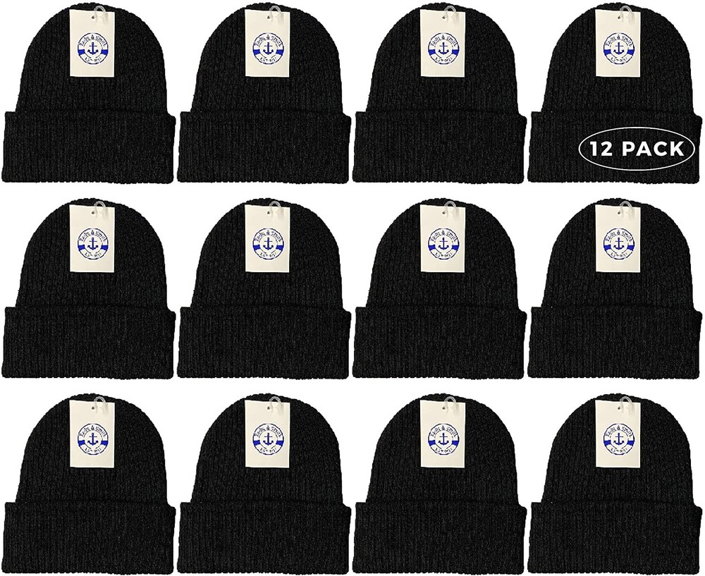 Yacht & Smith Sherpa Lined Winter Beanie in Solid Black (Assorted, 12 Pack)