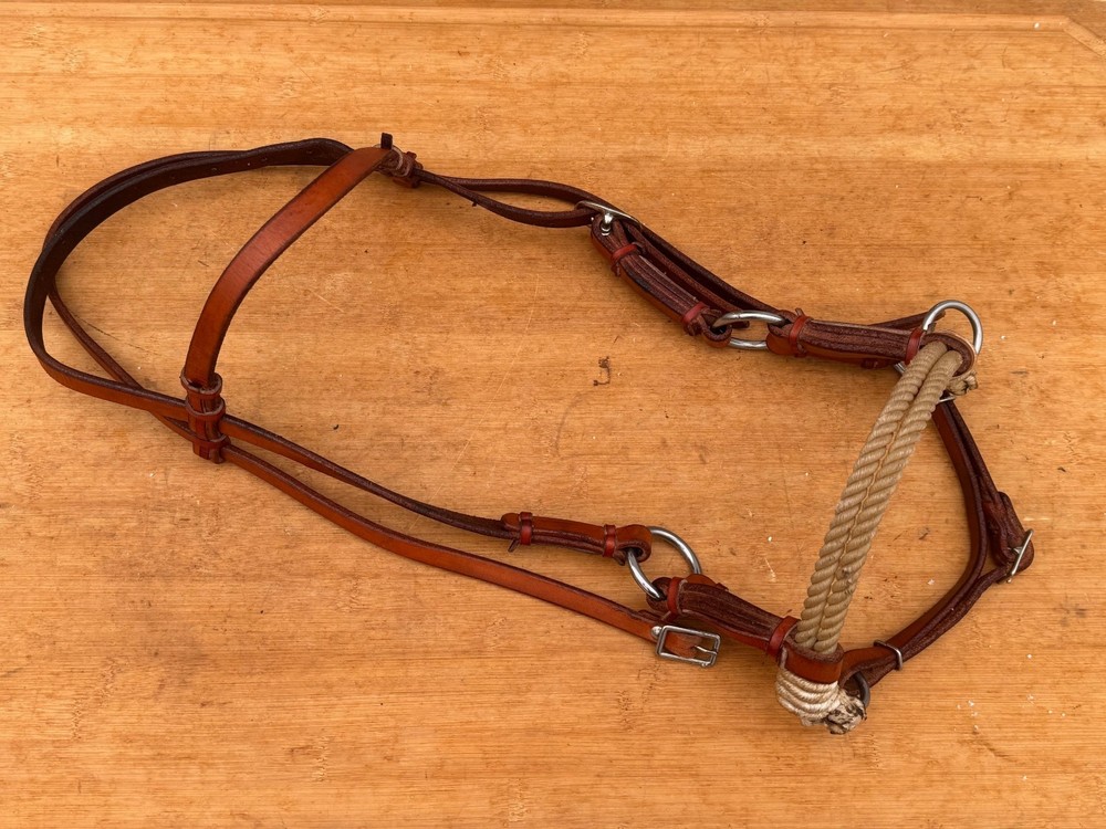Double Rope Nose Leather SIDEPULL Horse Headstall ~ Training ~ Bitless